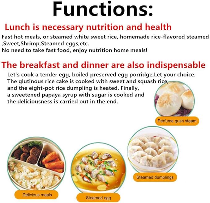 Multifunctional Electric Lunch Box Mini Rice Cooker Portable Food Heater Steamer with Stainless Steel Bowls Egg Steaming Rack Spoon Measuring Cup for Use in Office Outdoor School