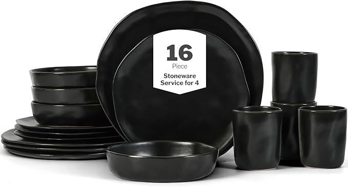 Stone by Mercer Project HEKONDA Modern Stoneware 16-Piece Dinnerware Set Plate and Bowl Set Dish Set for 4 Black
