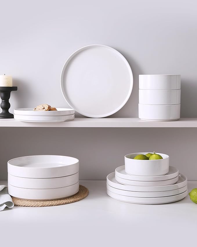 Famiware Nebula Plates and Bowls Set 12 Pieces Dinnerware Sets Dishes Set for 4 White with Colorful Speckles