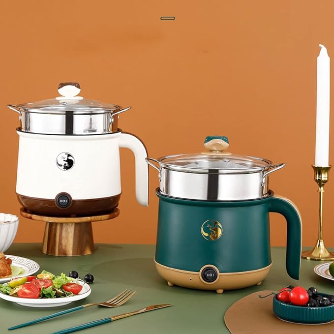 Electric Hot Pot Electric Sauté Pan 600W Food Grade Stainless Steel Cooker with Power Adjustment 1.8L for Rice Shabu Noodles Soup Ramen Steaming Basket (Green)
