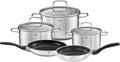 RÖSLE Basic Line Starter Set 5 Pieces 3 Universal Pans 2 Frying Pans 18/10 Stainless Steel with Glass Lid and Pouring Rim Suitable for Induction Cookers Dishwasher Safe Silver