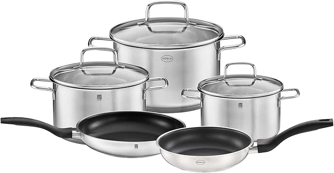 RÖSLE Basic Line Starter Set 5 Pieces 3 Universal Pans 2 Frying Pans 18/10 Stainless Steel with Glass Lid and Pouring Rim Suitable for Induction Cookers Dishwasher Safe Silver