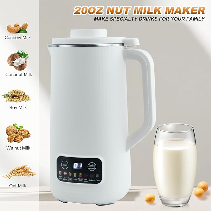 Automatic Nut Milk Maker Blender 800ml Homemade Soy Almond Oat Coconut Plant Based and Non Dairy Beverages with LED Display (White)