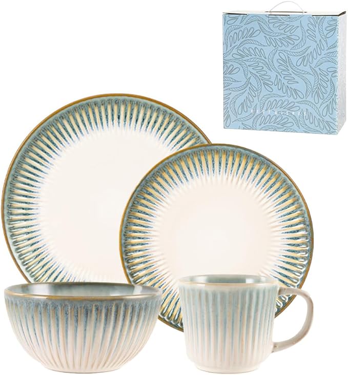 Stoneware Dinnerware Set of 4 4 Pieces Ceramic Dinner Plates Bowl Mug for Kitchen – Unique Gift Idea Scratch Resistant Dishes Dishwasher &amp Microwave Safe (Gold Coast)