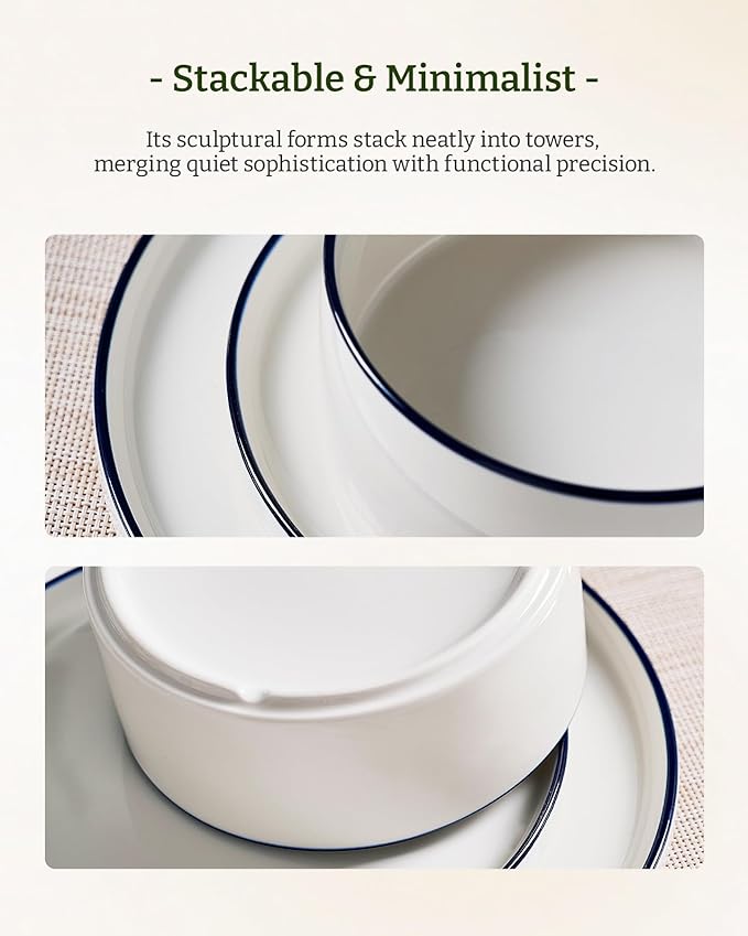 Famiware Porcelain Dinnerware Set 24-Piece Modern Plate and Bowl Set dish set for 8 Microwave and Dishwasher Safe Tableware White with Blue Trim