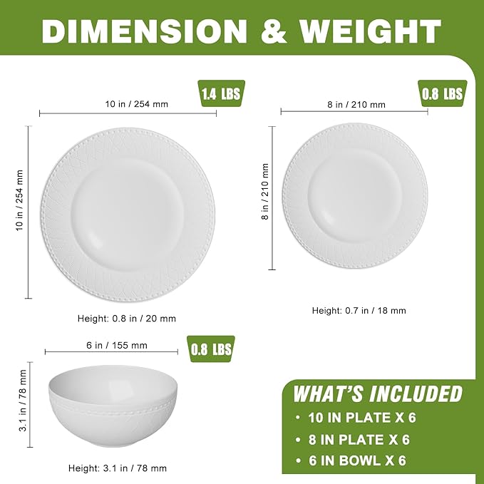 Yoshy 12-Piece White Bone China Dinnerware with Lightweight Durable Chip Resistant Design Service for 4 (18 Piece - Service for 6 Interlace)
