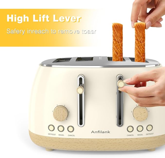Toaster 4 SliceRetro Stainless Steel Toaster with Extra Wide Slots Cancel Bagel Defrost Function Dual Independent Control Panel Removable Crumb Tray and High Lift Lever (Beige)