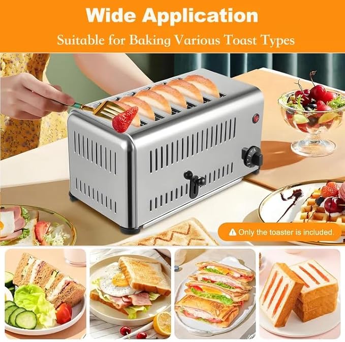 Professional-Grade 6-Slice Stainless Steel Toaster Commercial-Grade Extra-Wide Slot with Crumb Tray Even Heating to Ensure Even Cooking. Suitable for Home Kitchens Restaurants and Bakeries.
