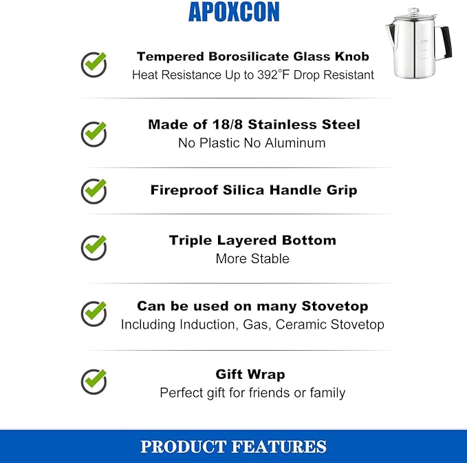 Multi Use Percolator Coffee Pot Stainless Steel Stove Top Coffee Maker with Two Borosilicate Glass Knob Silica Handle Camping Coffee Pot Using on Campfire Stove &amp Induction Cooker Silver 9 Cup