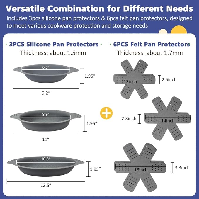 BYKITCHEN 3PCS Silicone Pan Protectors with 6PCS Felt Pan Pot Separators Dividers Pads for Stacking and Protecting Your Cookware Compatible with Hexclad Cookware Set Tfal Nonstick Frying Pans &ampM