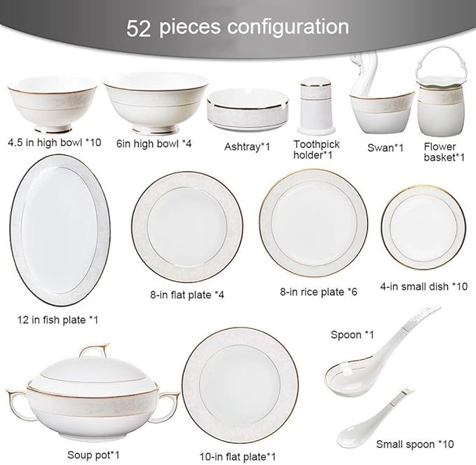 Ceramics Dinner Sets Ceramics Dinnerware Set with 52-PieceBowl/Soup Pot/Dish/SpoonBone China Dinner SetsMicro Embossed Pattern Porcelain Combination Set