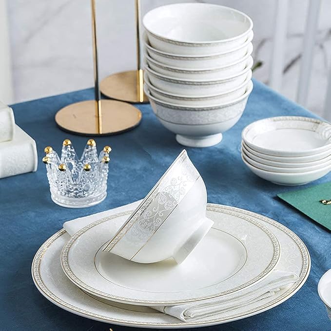 White Round Porcelain Dinnerware Set Dishes/Plate/Bowl Set Fine Bone China Dinnerware Sets Clearance Collection Ceramic Kitchen And Dining Sets For HomeB56 Pcs Service For 1058 Pcs Service for 1