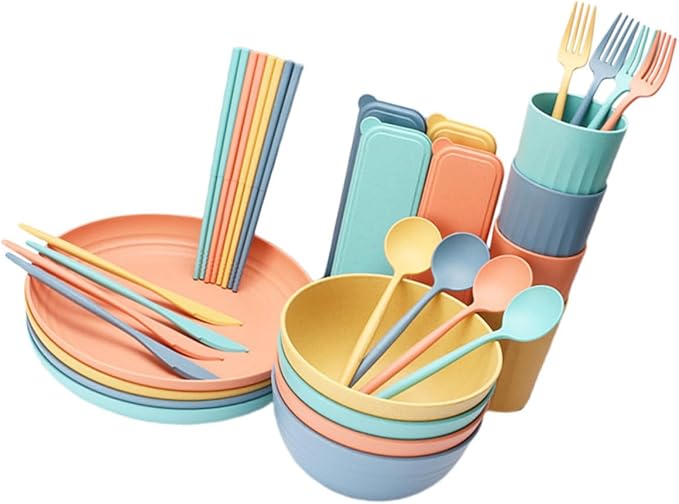 4Sets Portable Wheat Straw Cutlery Set Home Dinnerware Set with Bowls Plates Cups and Utensils Microwave and Dishwasher and Kitchen Tableware