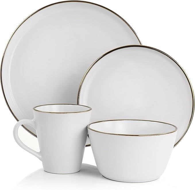 Unknown1 16 Piece Stoneware Dinnerware Set in Matte White with Gold Rim Solid Modern Contemporary Round Dishwasher Safe
