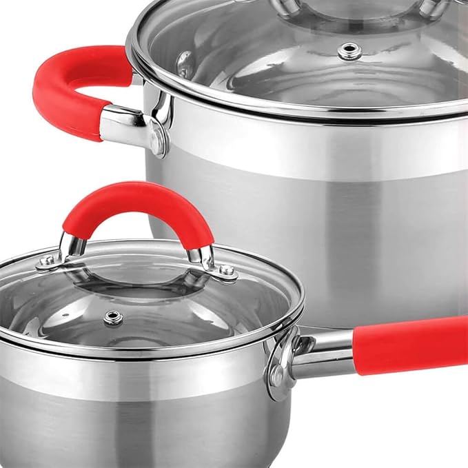 Cookware 8 Pieces Sets of Pans and Pots for Induction Vitroceramic and Gas. Glass Lids. Stainless Steel.