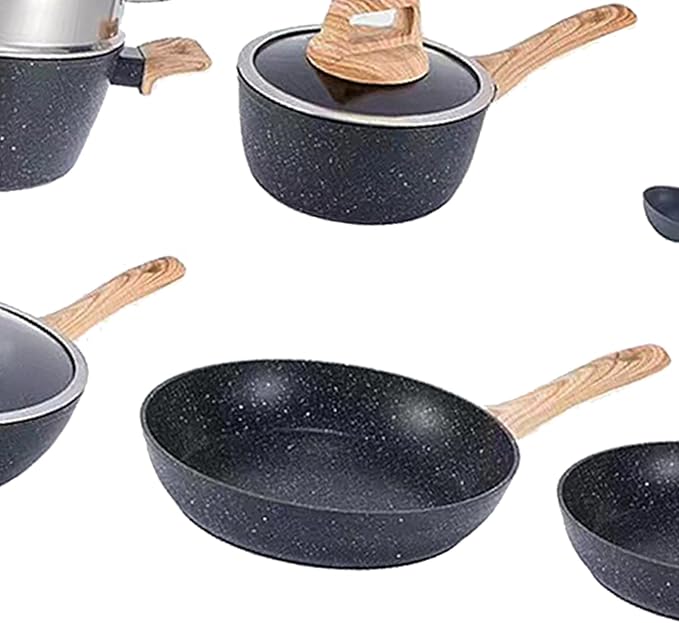 10 Piece Nonstick Cookware Set Frying Pan Saucepan Saute Pan Steam Rack Sturdy Scratch Resistant Coating Even Heat Distribution Modern Design for Home Cooks (Black)