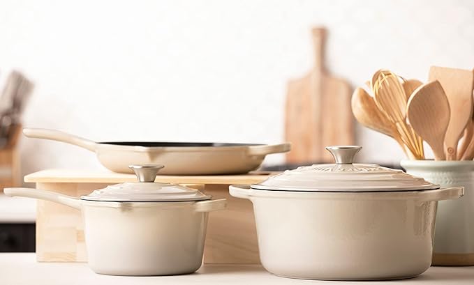 Larder &amp Vine 5-Piece Enameled Cast Iron Cookware Set - Includes 5.7 Quart Dutch Oven with Lid 10.25 Inch Skillet 2.2 Quart Saucepan with Lid (Stone)