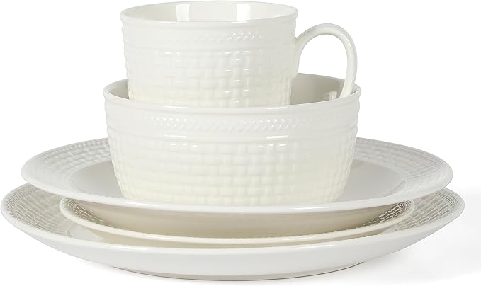 Martha Stewart 30-Piece Basket Weave New Bone China Embossed Chip and Scratch Resistant Porcelain Dinnerware Set