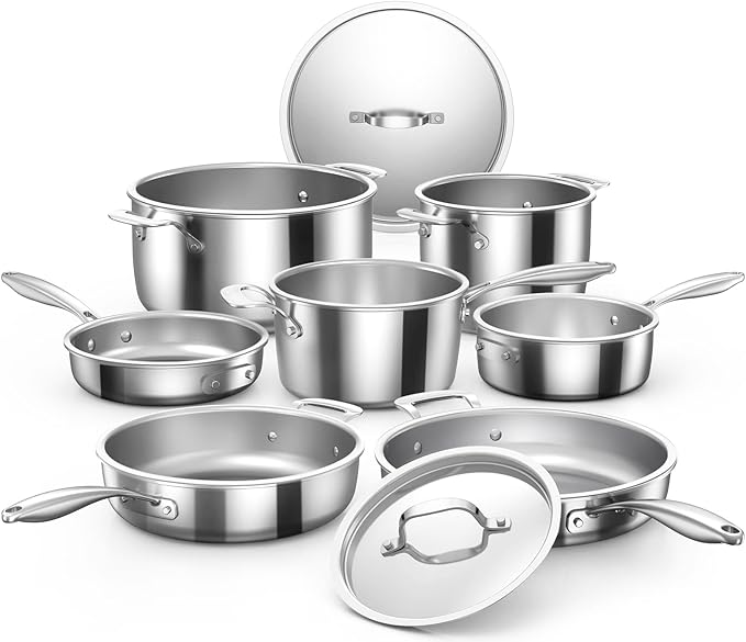 Nuwave Pro-Smart 9pc Stainless Steel Cookware Set Heavy-Duty Tri-Ply 3.1mm Thickness 18/10SS Space Saving Nestable Design Stay-Cool Handles Induction-Ready Works on All Cooktops 20Yeär Wärranty