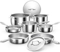 Nuwave Pro-Smart 9pc Stainless Steel Cookware Set Heavy-Duty Tri-Ply 3.1mm Thickness 18/10SS Space Saving Nestable Design Stay-Cool Handles Induction-Ready Works on All Cooktops 20Yeär Wärranty