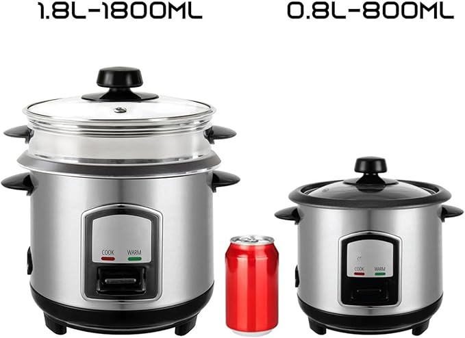 THEGA Electric Rice Cooker - 0.8L Stainless Steel Non-Stick Rice Cooker Removable Bowl Cook &amp Keep Warm Functions and Vented Glass Lid Includes Measuring Cup &amp Spatula