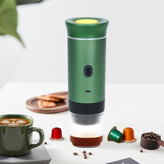 Portable Espresso Machine Wireless Electric 3-in-1 Coffee Maker with Self-Heating 20Bar Compatible with Large/Small Capsules &amp Ground Coffee Ideal for Camping Office Travel (Green)