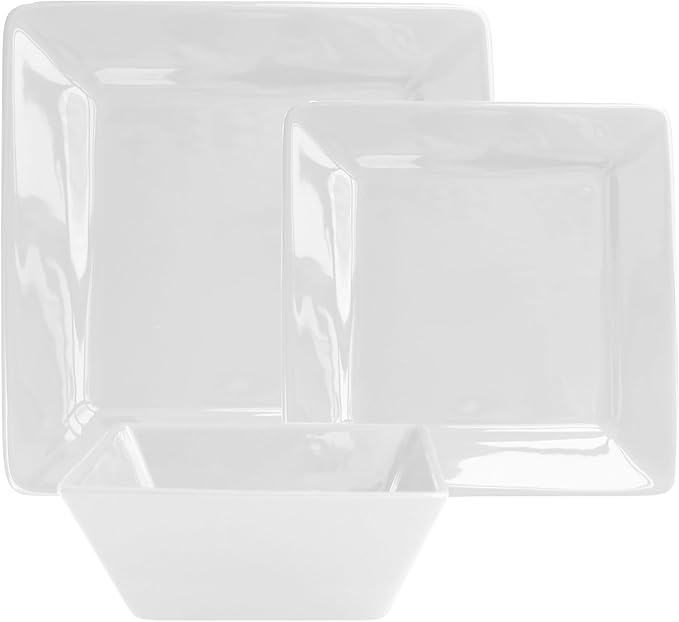 American Atelier Kingsley Casual Square Dinnerware Set – 12-Piece Stoneware Party Collection w/ 4 Dinner Plates 4 Salad Plates &amp 4 Bowls – Unique Gift Idea White-12