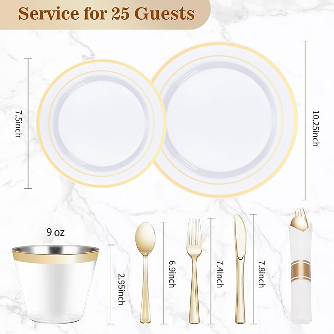 BESTVIP 175PCS Gold Plastic Dinnerware Set Disposable Party Plates for 25 Guests Include: 50 Plastic Plates 25 Pre Rolled Napkins with Gold Silverware 25 Cups for Christmas Halloween