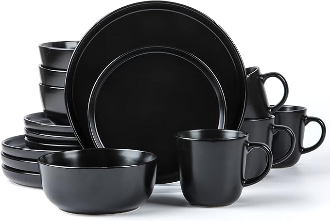 SKUGGA Round Stoneware 16pc Dinnerware Set of 4 Dinner Plates Side Plates Cereal Bowls Mugs - Matte Black (472979)