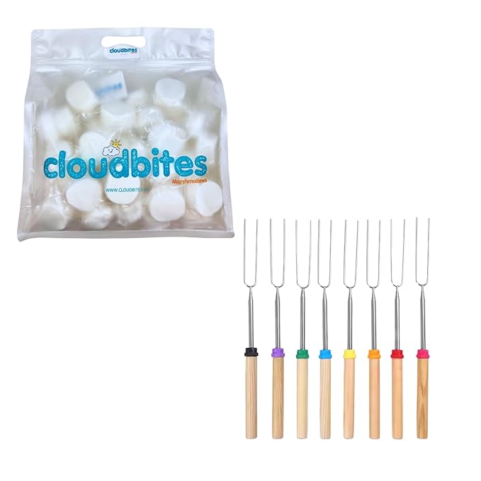 Cloudbites Toaster Marshmallows x 50 bundle with Wildeer Extendable Roasting Sticks x 8