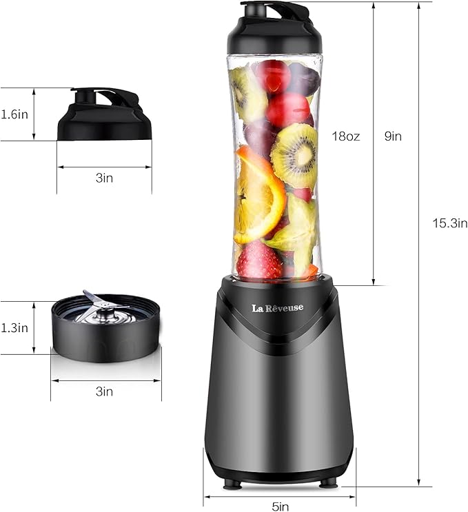 La Reveuse Smoothie Blender Personal Size 300 Watts with 2 Pieces 18 oz BPA-Free Travel Sports BottlesGrey