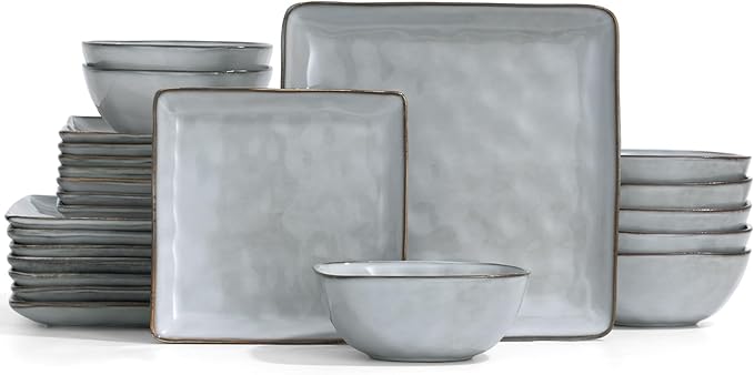 Famiware Dinnerware Sets for 8 Ocean Square 24-Piece Kitchen Plates and Bowls Sets Microwave and Dishwasher Safe Scratch Resistant Grey