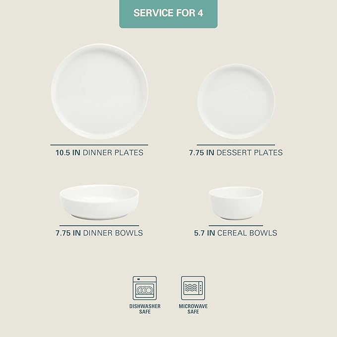 Gibson Home Oslo Porcelain Chip and Scratch Resistant Dinnerware Set Service for 4 (16pcs) Ceramic Plates and Bowls Dishes Sets White - Microwave and Dishwasher Safe