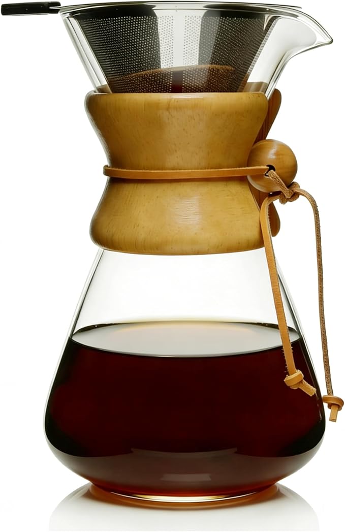 Pour Over Coffee Dripper 10 Cup Glass Coffee Maker Carafe With Stainless Filter for Home Cafes Camping Office Barista Kit (10 Cup/34 oz Curved)