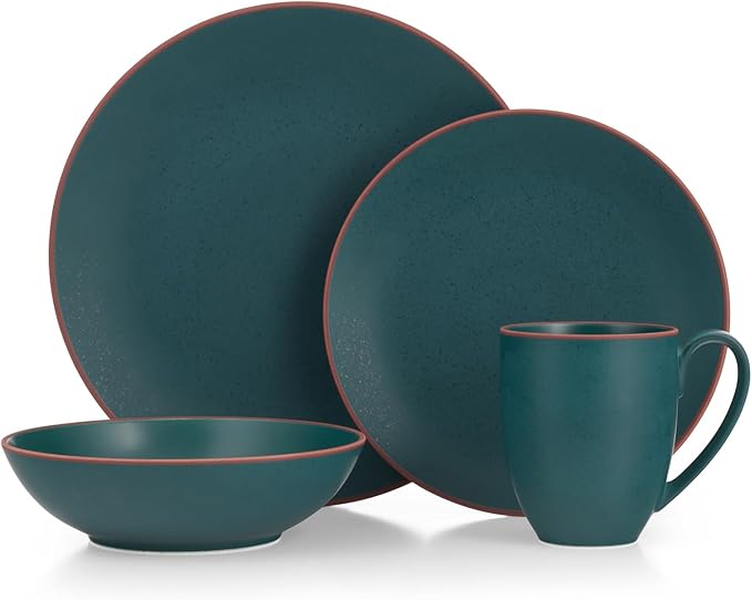 nambe Taos 4-Piece Stoneware Place Setting | Coffee Mug Bowl Dinner and Salad Plate Set | Ceramic Dinnerware Set | Microwave and Dishwasher Safe | Service for 1 | Jade Green