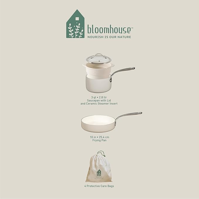 Bloomhouse 4-Piece Heavy-Gauge Aluminum Pots and Pans Cookware Set w/Non-Stick Non-Toxic Ceramic Interior and Ceramic Steamer Insert Oat White