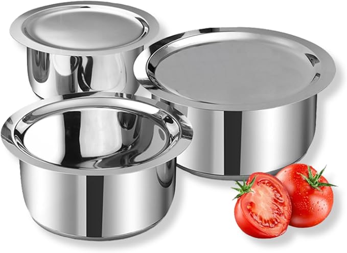 Vinod Stainless Steel 3 pc Pot Set with Capacity of 1.4 litres 1.8 litres &amp 2.2 litres with Stainless Steel Lids (Gas Stove and Induction Friendly) - Silver