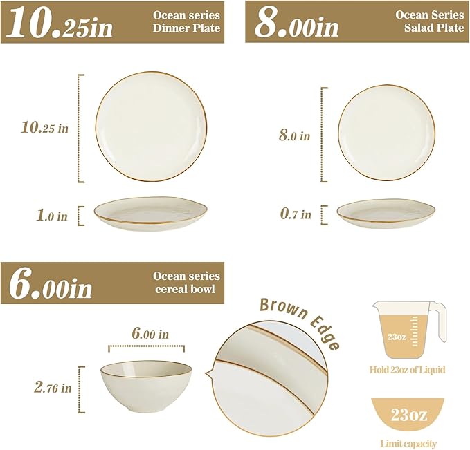 Famiware Ocean Round Plates and Bowls Sets for Kitchen 16-Piece Dinnerware Sets for 4 Microwave and Dishwasher Safe Vanilla White