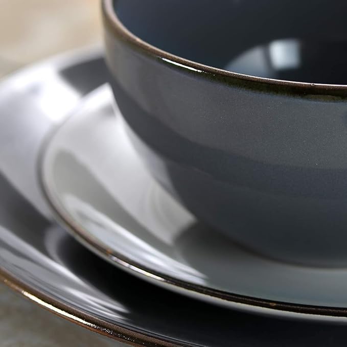 16-Piece Stoneware Dinnerware Set – Modern Glossy Dish Set for 4 in Black Taupe &amp Gray – Microwave and Dishwasher Safe Dinner Plates Bowls Mugs and Salad Plates (Assorted Gray)