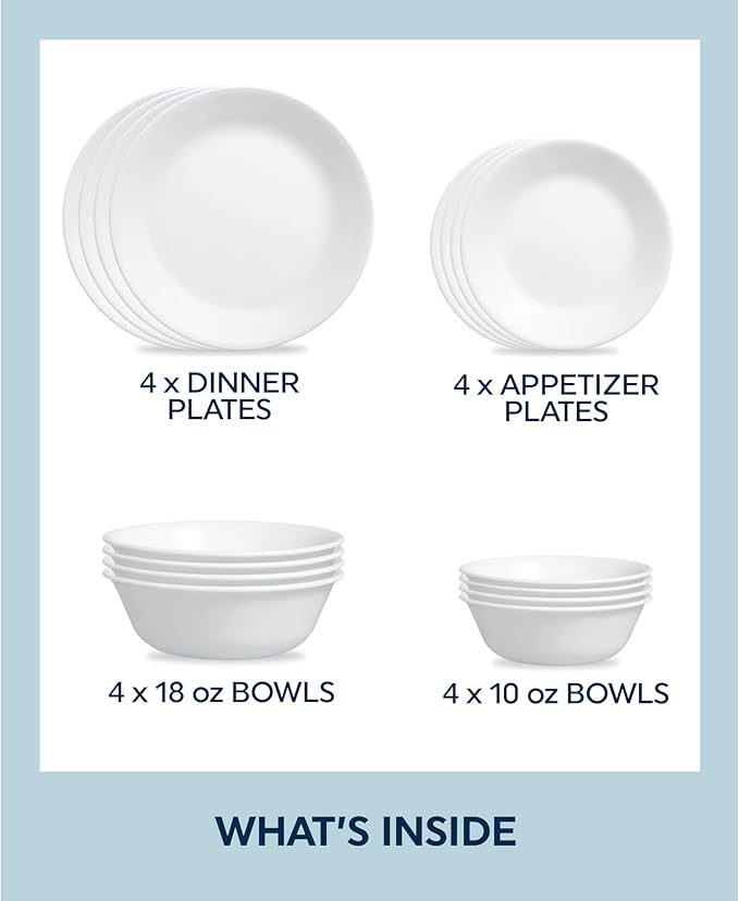 ZOID 3120NM Glass Glossy Mugless Dinnerware Set White 16 Pieces
