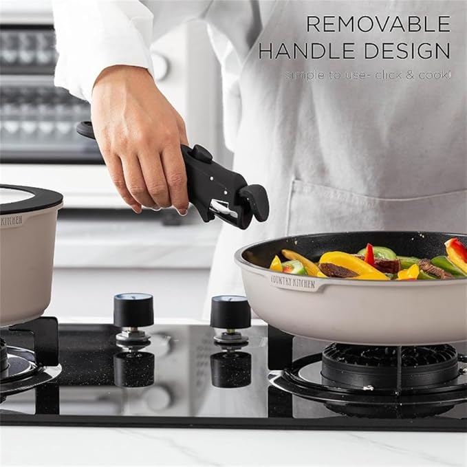Pots and Pans Set Healthy Safe Ceramic Nonstick Kitchen Cookware with Soft Touch Removable Handle CookwareCream DiamondOne-Grey Ivory-One