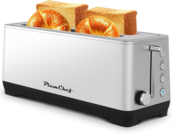 4-Slice Long Slot Toaster Wide Slot Stainless Steel Housing Bread Toaster with 6 Browning Settings Bagel/Defrost/Reheat Functions Removable Crumb Tray Self-Centering Slots Stainless Steel