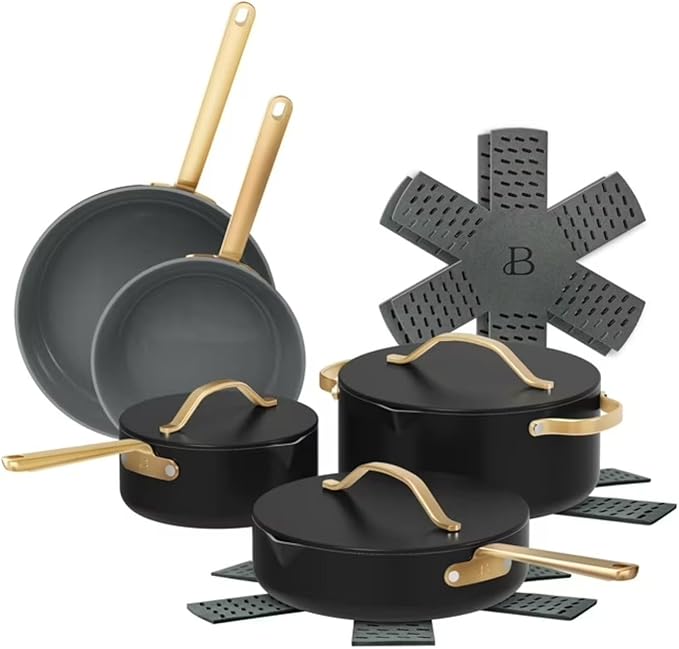 Pans 12pc Ceramic Non-Stick Cookware Set by Drew Barrymore Pots &amp Pans with Lids Dishwasher‑SafeSoft‑Touch Handles Even‑Heat Base. (Black Seaseme)