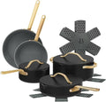 Pans 12pc Ceramic Non-Stick Cookware Set by Drew Barrymore Pots &amp Pans with Lids Dishwasher‑SafeSoft‑Touch Handles Even‑Heat Base. (Black Seaseme)