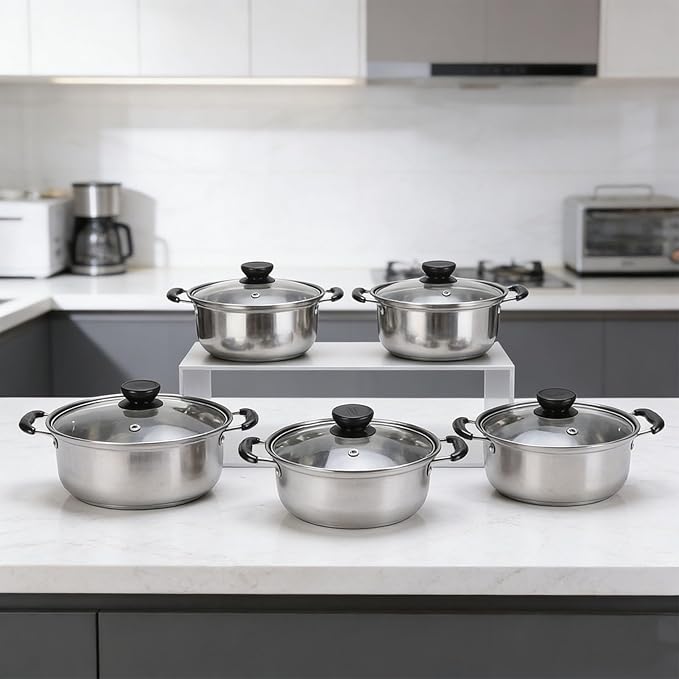 Haofy 5PCS Stainless Steel Cookware Set with Glass Lids Induction Compatible Milk Pot Kitchen Cooking Set 5 Size Pots For Sauces Soups Stews Rice Home Chef Induction Cooktop