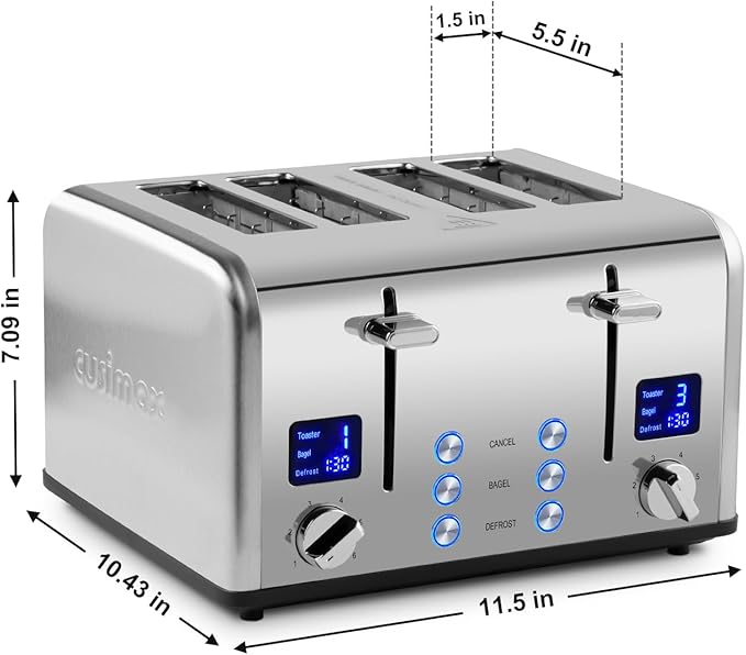 Stainless Steel Toaster CUSIMAX 4 Slice Toaster with Smart LED Display Exart Wide Slots 6 Shade Settings 1650 Watts Bagel and Defrost Fuction Cancel Button Removable Crumb Trays