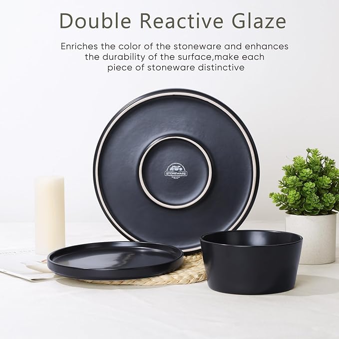 18‑Piece Stoneware Dinnerware Set in Matte White Modern Plates and Bowls for Everyday Meals and Special Occasions Dishwasher &amp Microwave Safe (Black)