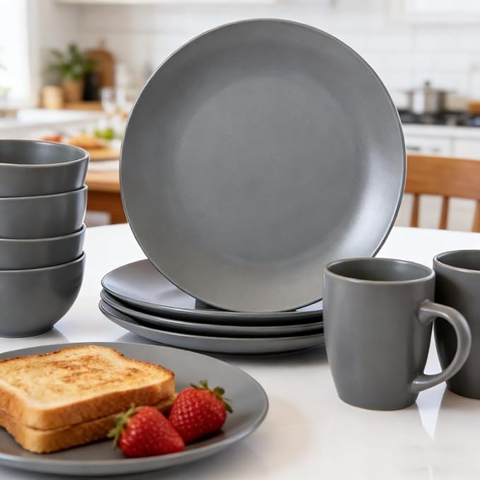 wocaxc16-Pieces Stoneware Dinnerware Set Kitchen Dinnerware Ceramic Crockery Set Dinner Service Set for 4 Include Dinner Plate Dessert Plate Cereal Bowl and Mug. (grey)