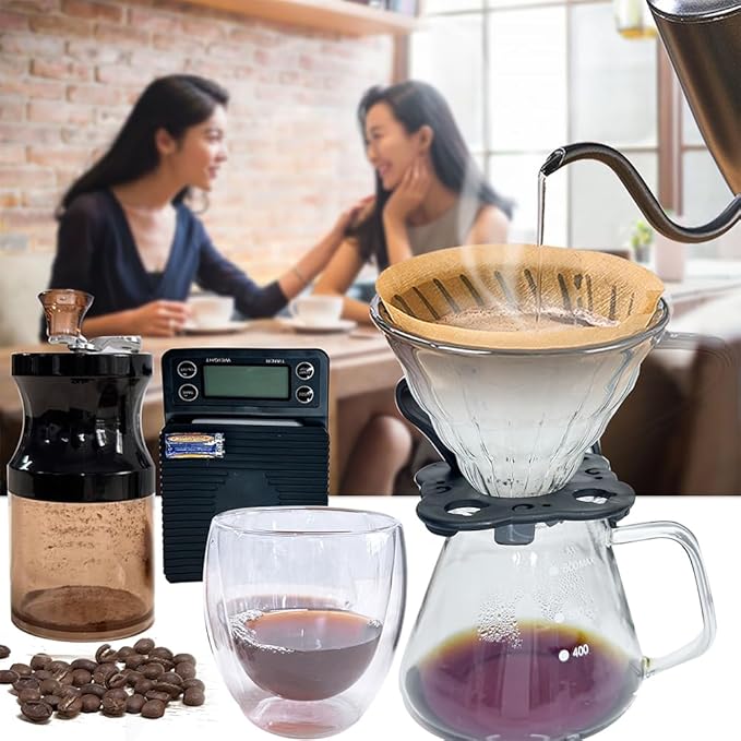 DS&ampDV Coffee Set Incl. Coffee Scale Glass DriperManual GrinterPour Over KettlePaper FiltersDouble Wall Mug for Camping and Travelling (8 in 1 Coffee Makers)