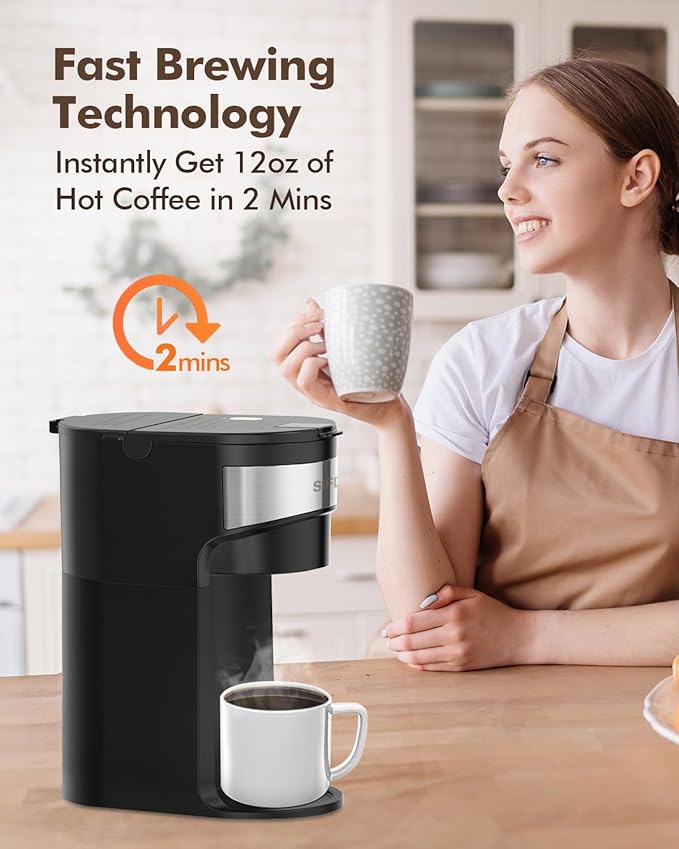 SIFENE Mini Single Serve Drip Coffee Maker – 2-in-1 Portable Machine for K-Pods &amp Grounds. Fast Brew Easy Clean Auto Shut-Off Water Window Descaling Reminder. BLACK